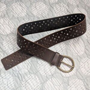 Candies Genuine Leather Wide Belt Brass Buckle M 32-36 Laser Cut Design Brown EC